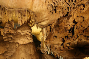 Crystal Cave in Sequoia National Park Stalagtites and stalagmites are shown reaching from the ceiling to the floor, from the floor to the ceiling in Crystal Cave at Sequoia National Park