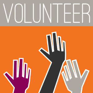 image of stylized hands raised with word VOLUNTEER across the top