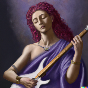 AI Generated image of a goddess playing electric guitar