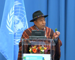 David Choquehuanca Céspedes, Vice President of the Plurinational State of Bolivia David Choquehuanca Céspedes, Vice President of the Plurinational State of Bolivia. He is standing behind a lectern and addressing the 68th Session of the Commission on Narcotic Drugs in Vienna, Austria. In one hand, he is holding up a few coca leaves.