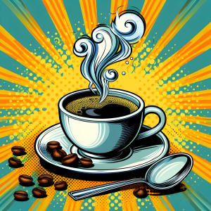 Colorful illustration of a cup of coffee on a saucer