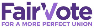 FairVote logo purple lettering with V shaped like a check