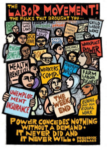 Cartoon of workers with signs of labor movement gains 