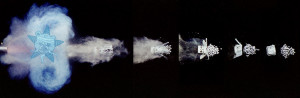 A series of time lapse photos showing a shotgun pellet emerge from the gun & explode - with the Self Help Radio logo stuck on it.