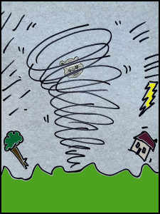 A cartoon of a tornado with the Self Help Radio bear floating within.