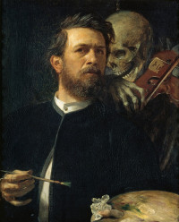 In a dark corner a bearded artist listens as death in its skeletal form plays a violin with only one string