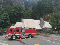 Multnomah Falls Lodge with protective fire engine Multnomah Falls Lodge with protective fire engine